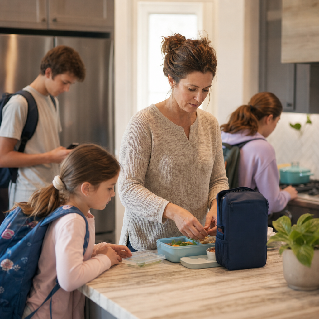 Mom in kitchen with kids preparing for the school day.
